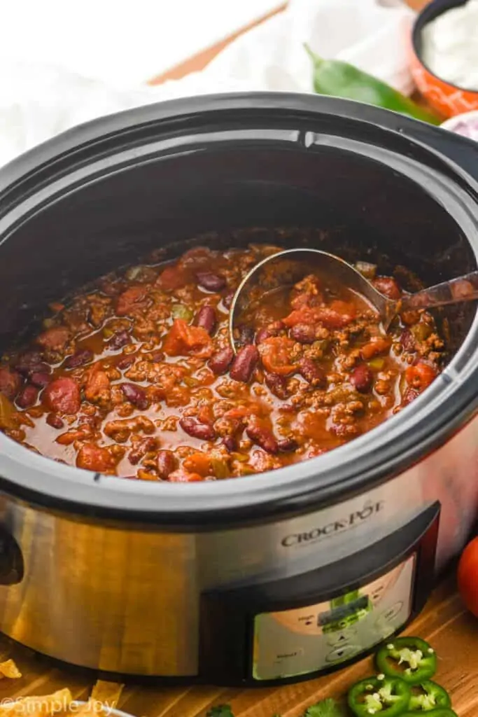 side view of a slow cooker full of easy crockpot chili