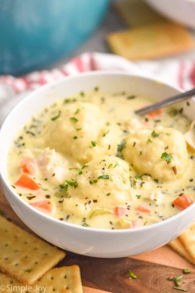 white bowl full of homemade chicken and dumplings garnished with parsley
