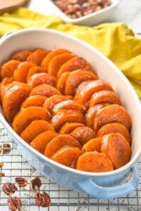 small casserole dish with candied sweet potato recipe
