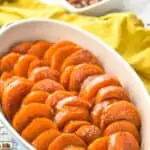 small casserole dish with candied sweet potato recipe