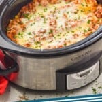 pinterest graphic of a slow cooker full of lasagna, says: crockpot lasagna simplejoy.com