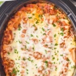 pinterest graphic of an overhead close up of a crockpot with lasagna in it, says "the best slow cooker lasagna simplejoy.com"