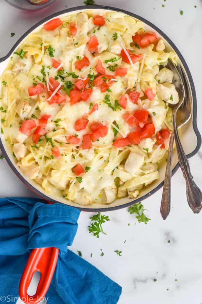 overhead view of a skillet of chicken Alfredo casserole garnished with parsley and diced tomatoes