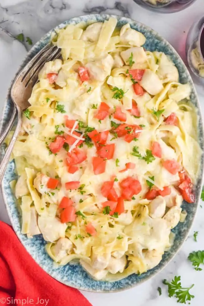 overhead view of a platter of chicken Alfredo casserole garnished with parsley and diced tomatoes