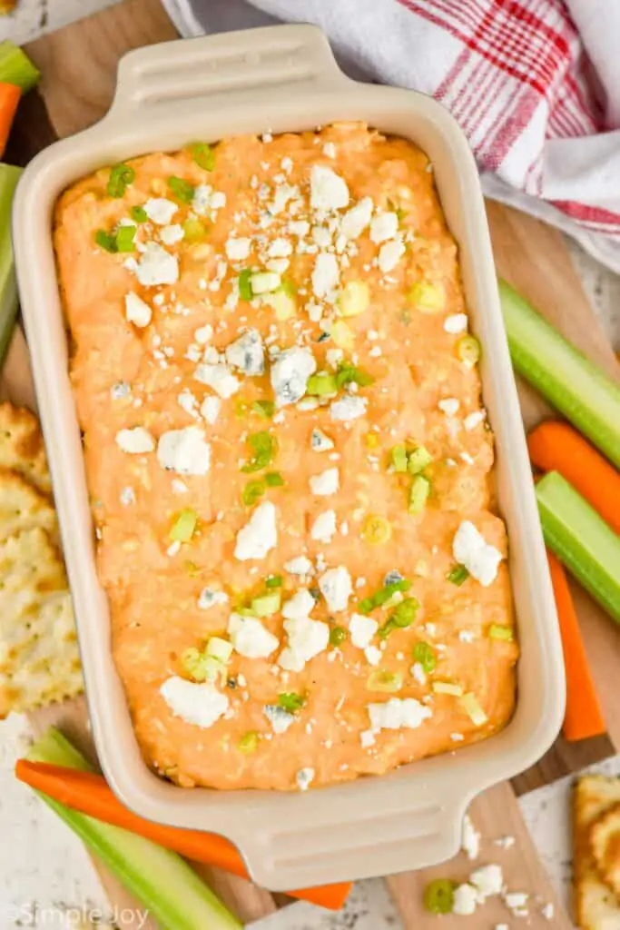 overhead of a casserole dish full of buffalo chicken dip recipe