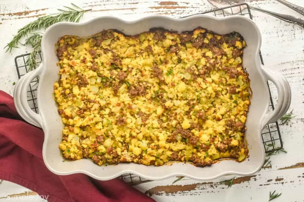overhead view of a whole pan of cornbread sausage stuffing