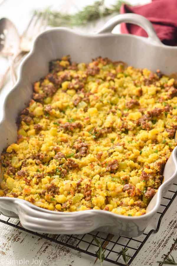 side view of a pan of cornbread stuffing