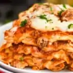 close up side view of a piece of crockpot lasagna recipe