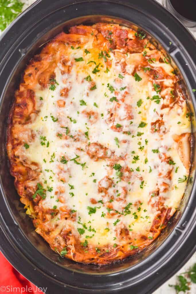 overhead view of easy crockpot lasagna in a slow cooker