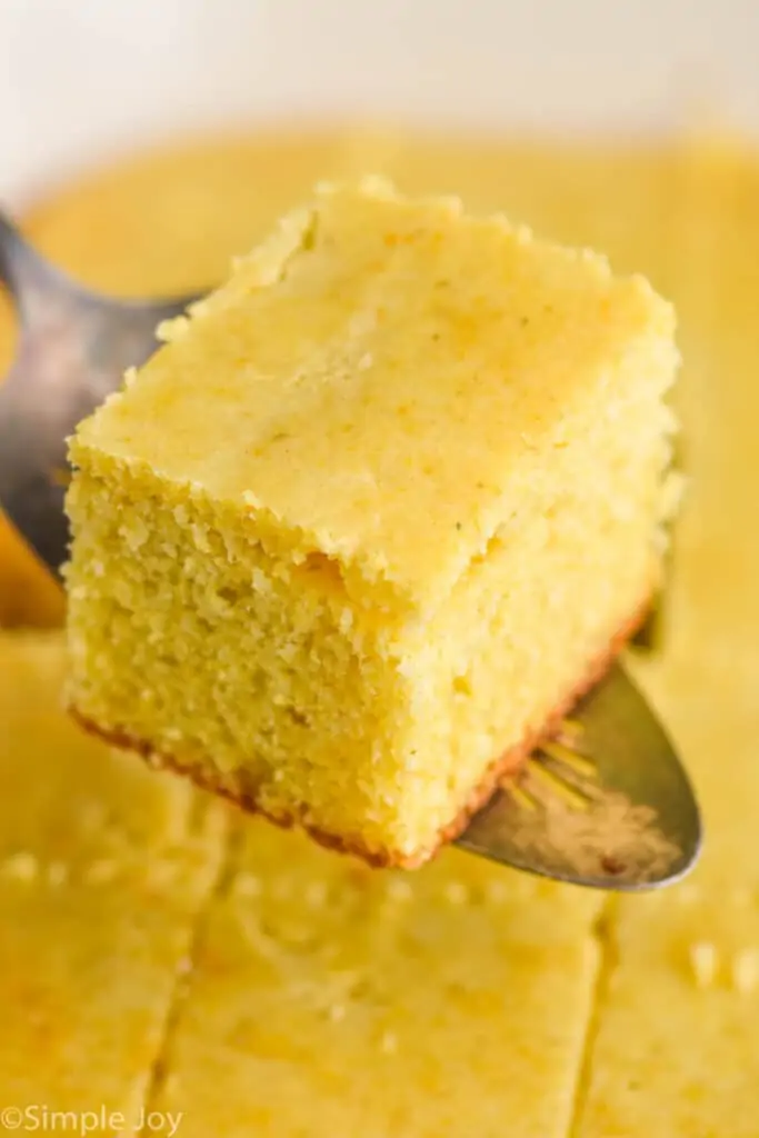 piece of homemade cornbread on a spatula