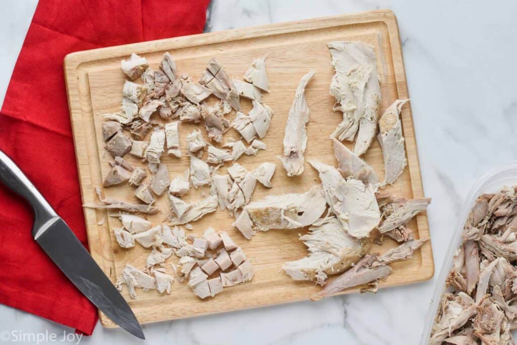 overhead view of a cutting board with turkey meat being cut up