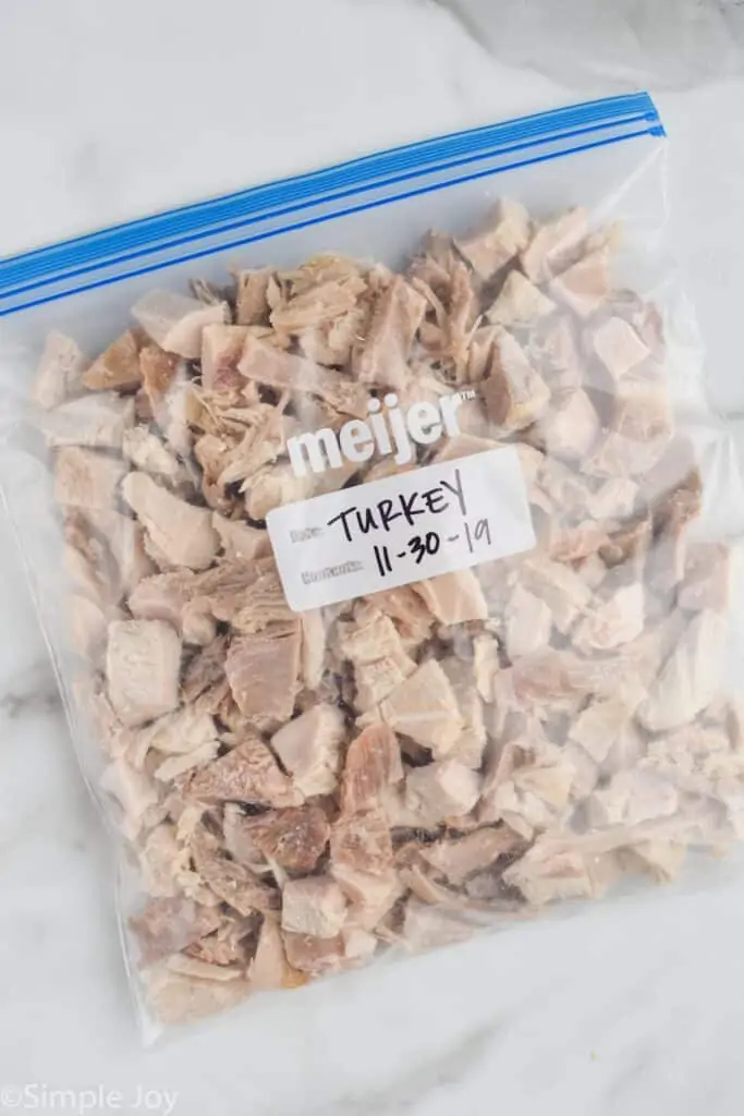 a plastic storage bag full of frozen turkey cut into bite sized pieces