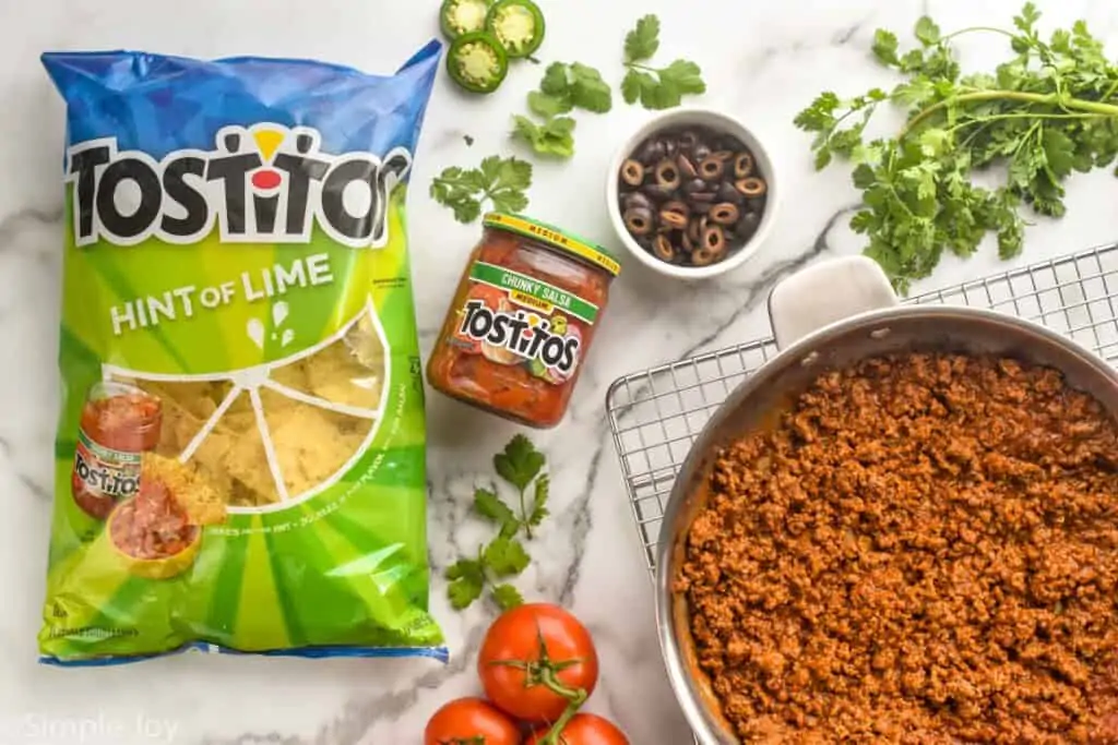 overhead view of ingredients for sheet pan nachos