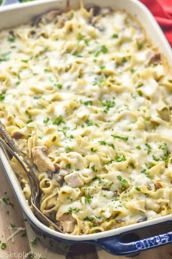 a casserole dish full of turkey tetrazzini recipe