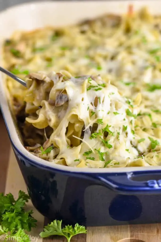 a spoon pulling out a cheesey spoonful of turkey tetrazzini from the casserole dish