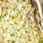 overhead of a casserole dish of turkey tetrazzini