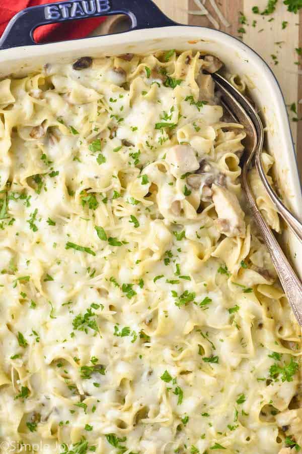 overhead of a casserole dish of turkey tetrazzini