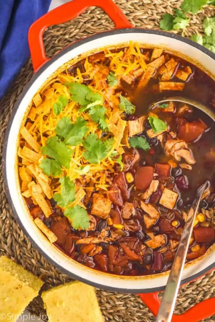 overhead view of stockpot full of turkey tortilla soup garnished with tortilla strips and fresh cilantro