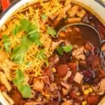 overhead view of stockpot full of turkey tortilla soup garnished with tortilla strips and fresh cilantro