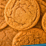 Pinterest graphic of close up overhead of molasses cookies, says, "soft and chewy molasses cookies, simplejoy.com"