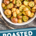 pinterest graphic of overhead of bowl of small roasted potatoes, says "roasted baby potatoes simplejoy.com"