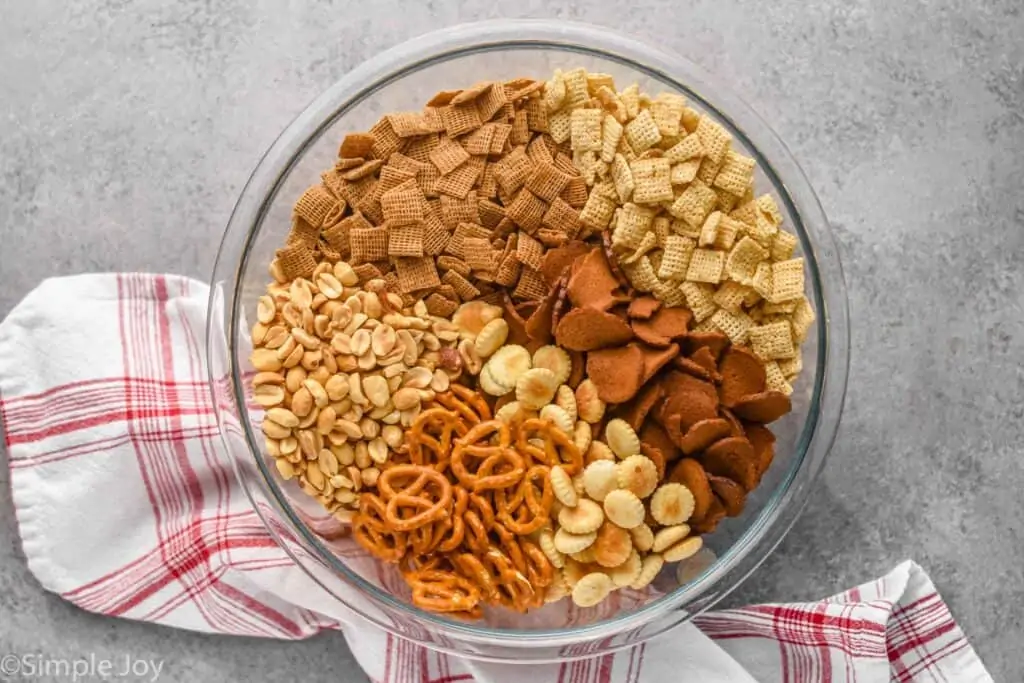 overhead view of bowl of Chex mix ingredients