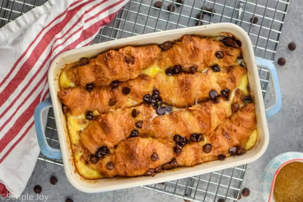 overhead view of croissant bread pudding recipe in casserole dish