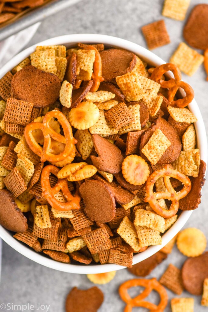 overhead view of bowl of homemade Chex mix