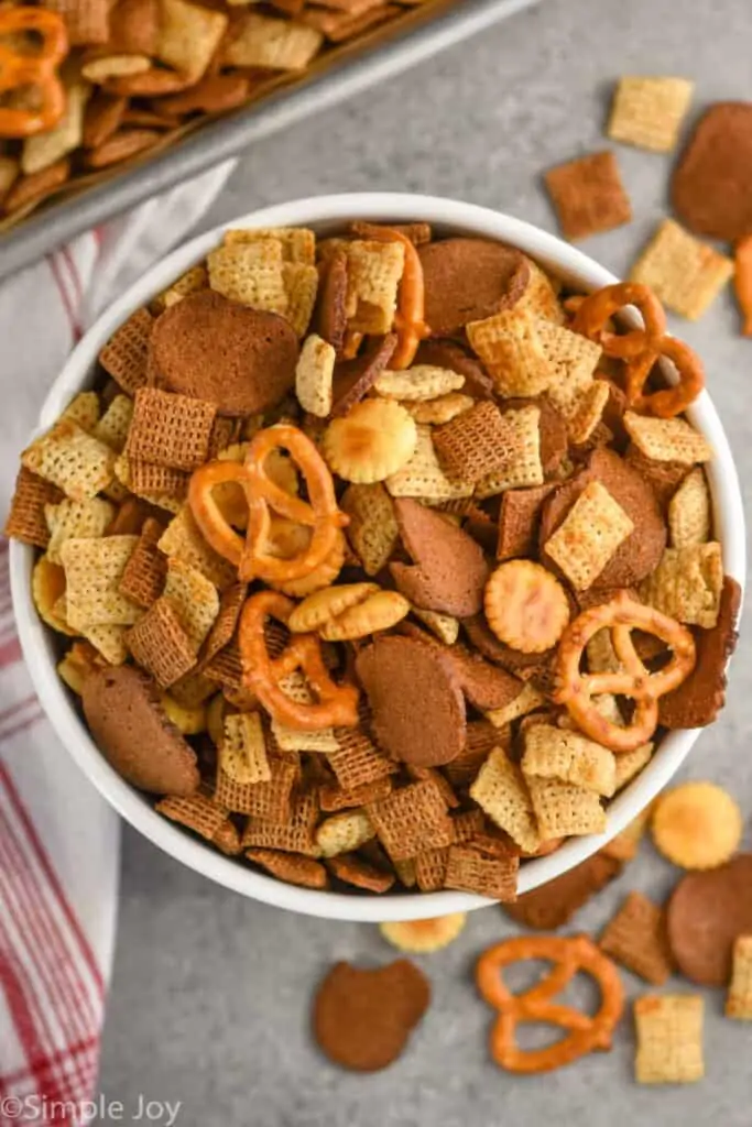overhead view of bowl of homemade Chex mix