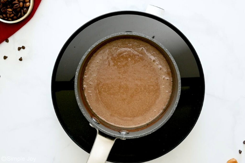 Overhead of saucepan of salted caramel mocha ingredients