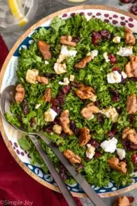 overhead view of a kale salad in a bowl