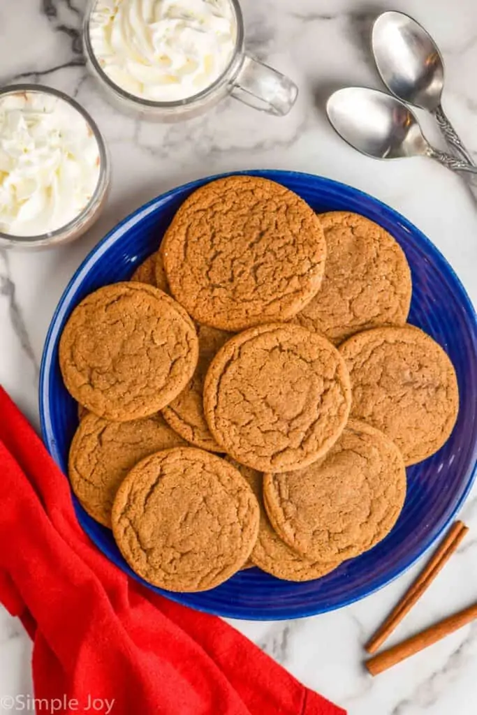 overhead photo of molasses cookie recipe on a blue plate next two cups of hot chocolate