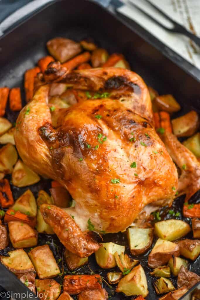 cooked roast chicken recipe in a roasting pan with vegetables