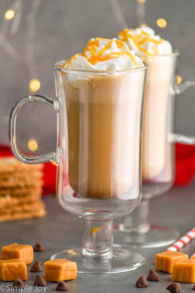 two Irish coffee glasses filled with salted caramel mocha drinks