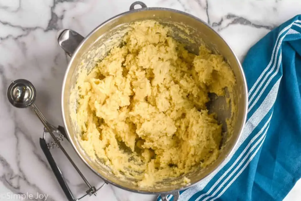 overhead view of a bowl of sour cream cookie dough