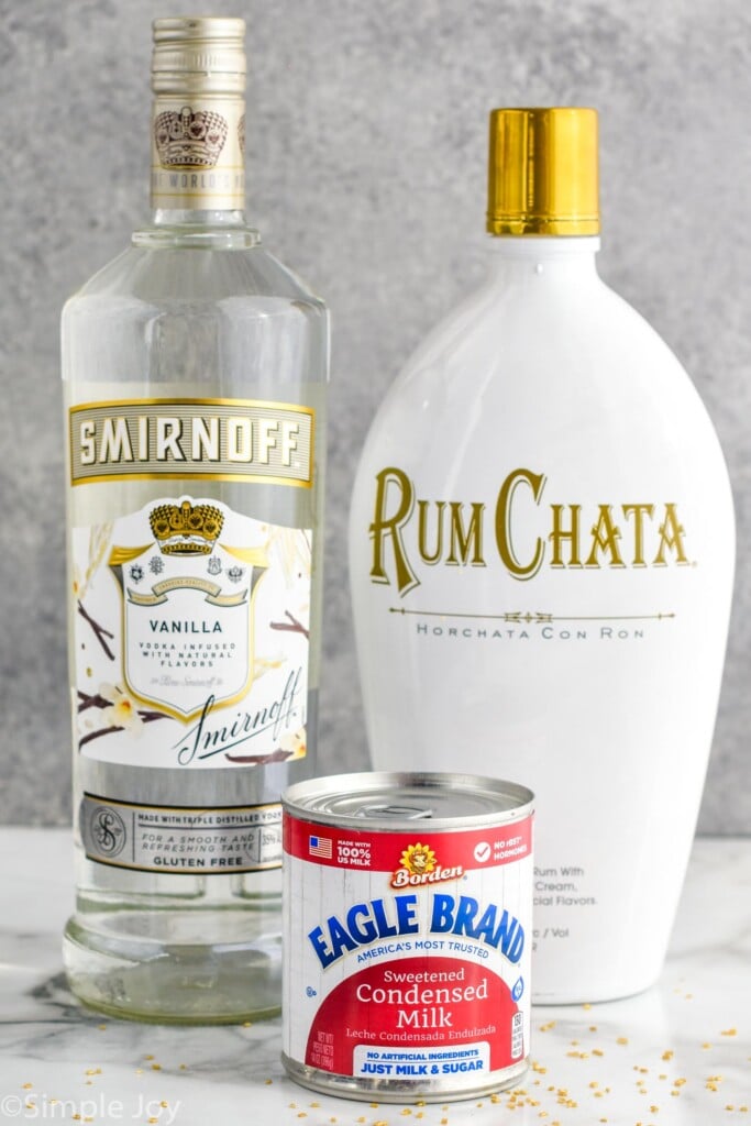 a bottle of vanilla vodka, rumchata and sweetened condensed milk to make a Christmas martini