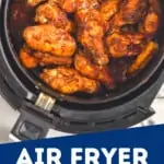 overhead view of chicken wings in air fryer as pinterest graphic