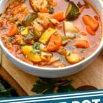 pinterest graphic of a bowl of vegetable soup, says: "instant pot vegetable soup, simplejoy.com"