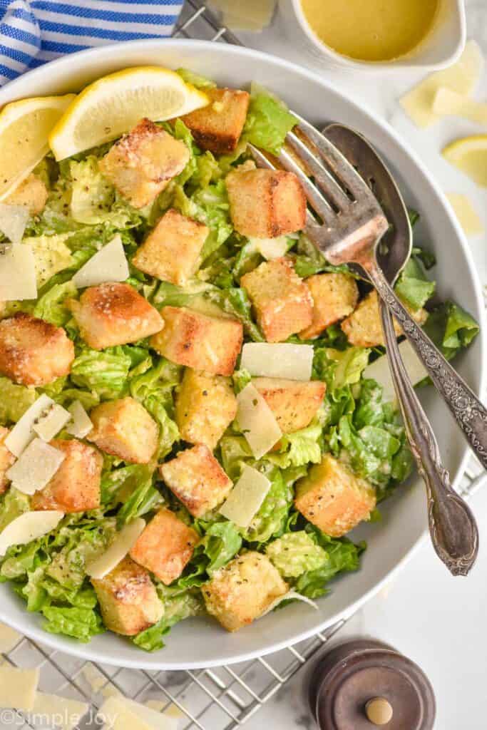 overhead view of a big bowl of Caesar salad recipe