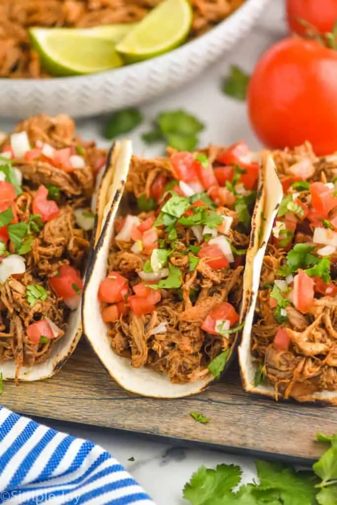 close up view of a carnitas taco topped with Pico de Gallo