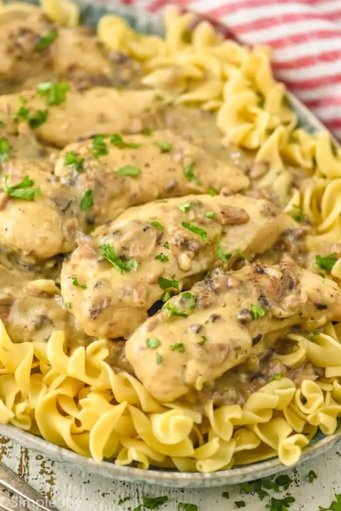 close up of chicken tenders smothered in cream of mushroom soup on a bed of noodles