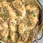 close up of a skillet full of chicken with cream of mushroom soup - 23