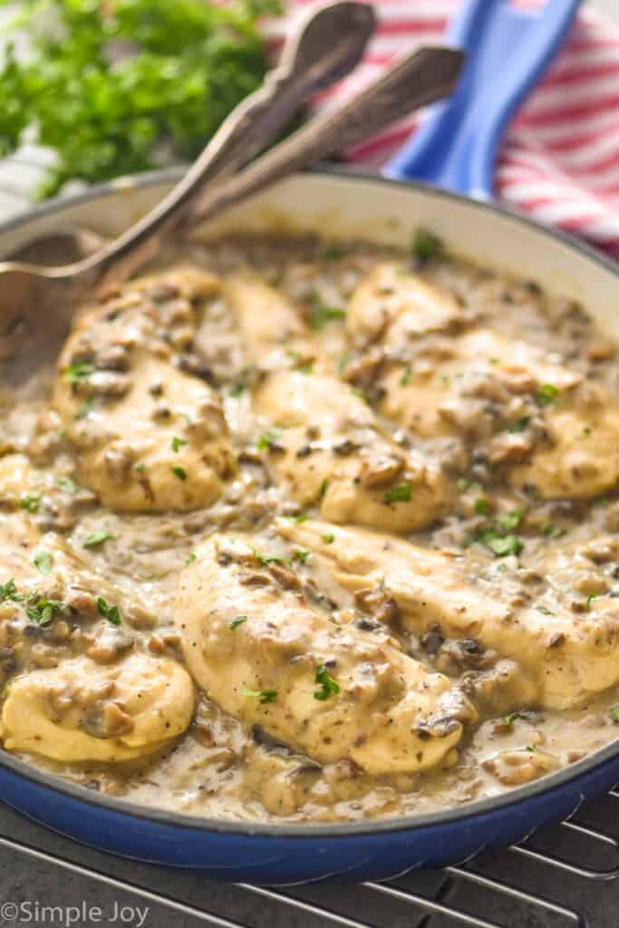side view of a skillet with cream of mushroom chicken recipe