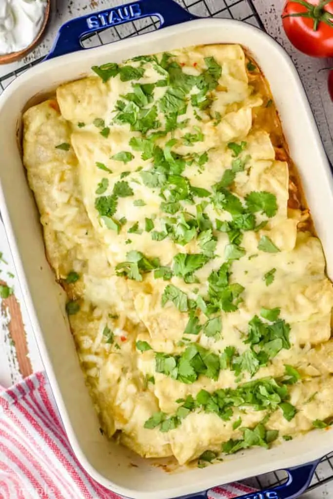 overhead photo of green enchiladas in a casserole dish topped with cilantro