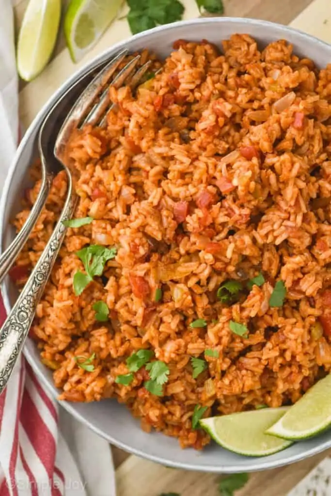 overhead view of a bowl of homemade Spanish rice