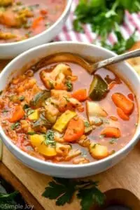 close up of a white bowl full of instant pot vegetable soup