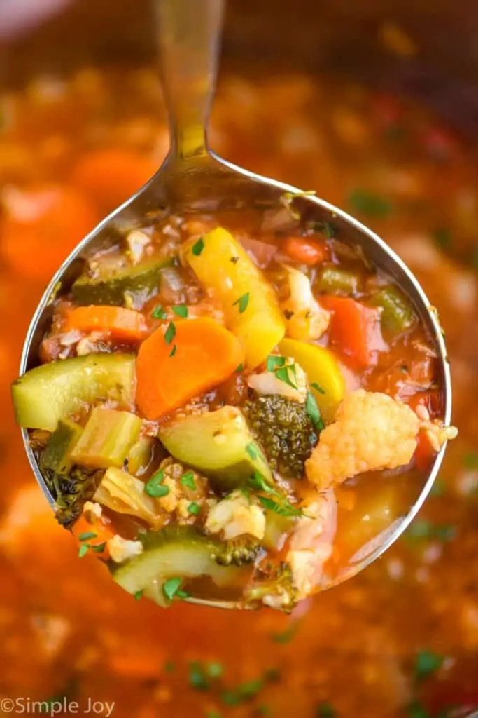 a close up of a ladle of vegetable soup