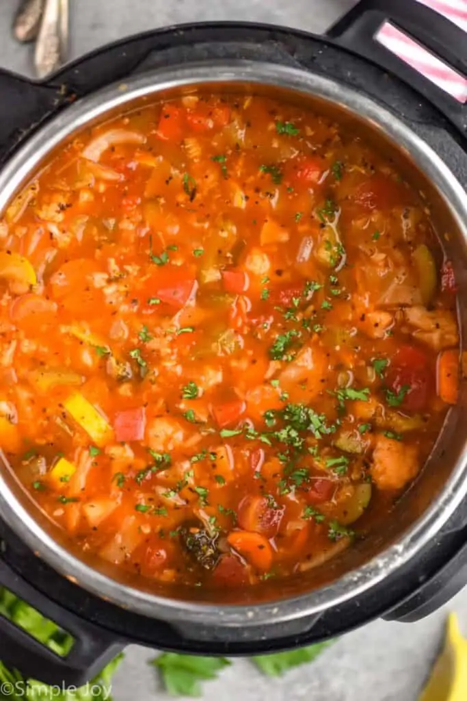 overhead view of vegetable soup in an instant pot