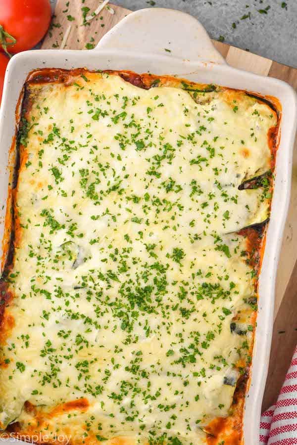 overhead view of a pan of zucchini lasagna recipe