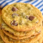 close up stack of banana chocolate chip cookies as a Pinterest graphic
